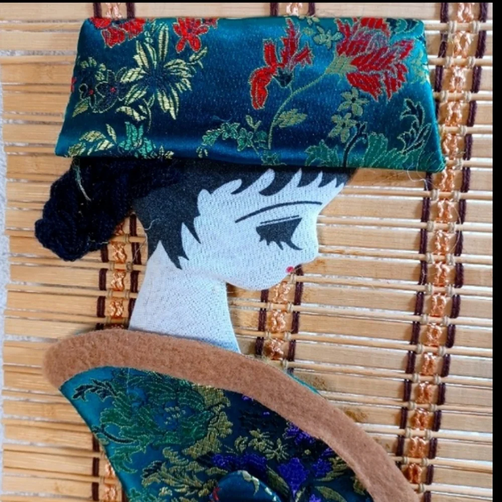(2) Rare Vintage Bamboo Applique Geisha Girl Wall Scroll Set